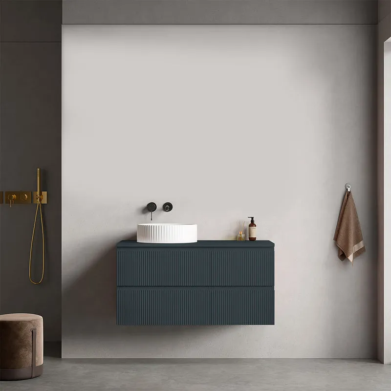 Mobile bagno sospeso cannettato reversibile 100 cm Blu Mare per Lavabo d'appoggio Senza Specchio - Fiji Paint Top Canneté