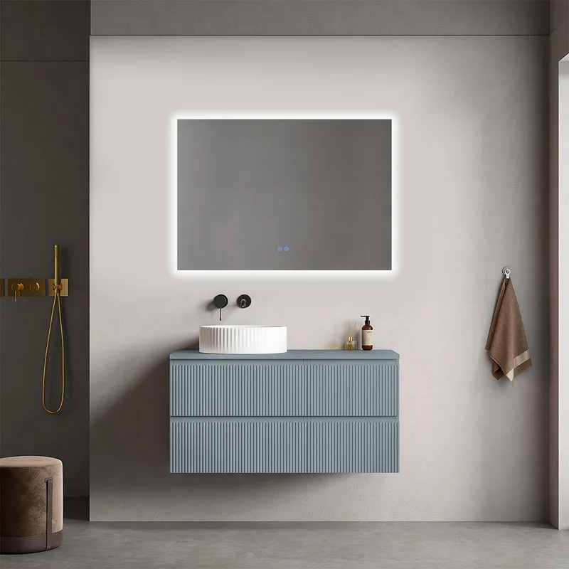 Mobile bagno sospeso cannettato reversibile 100 cm Blu Avio per Lavabo d'appoggio Specchio Quadro Retroilluminato - Fiji Paint Top Canneté