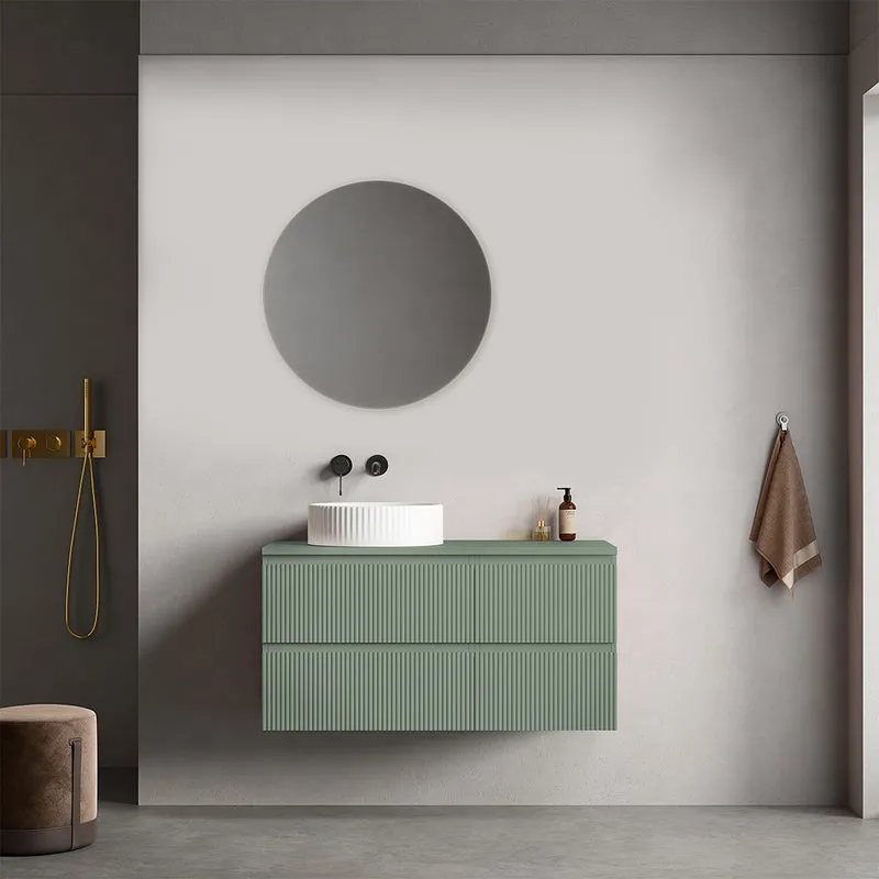 Mobile bagno sospeso cannettato reversibile 100 cm Verde Salvia per Lavabo d'appoggio Specchio Tondo - Fiji Paint Top Canneté