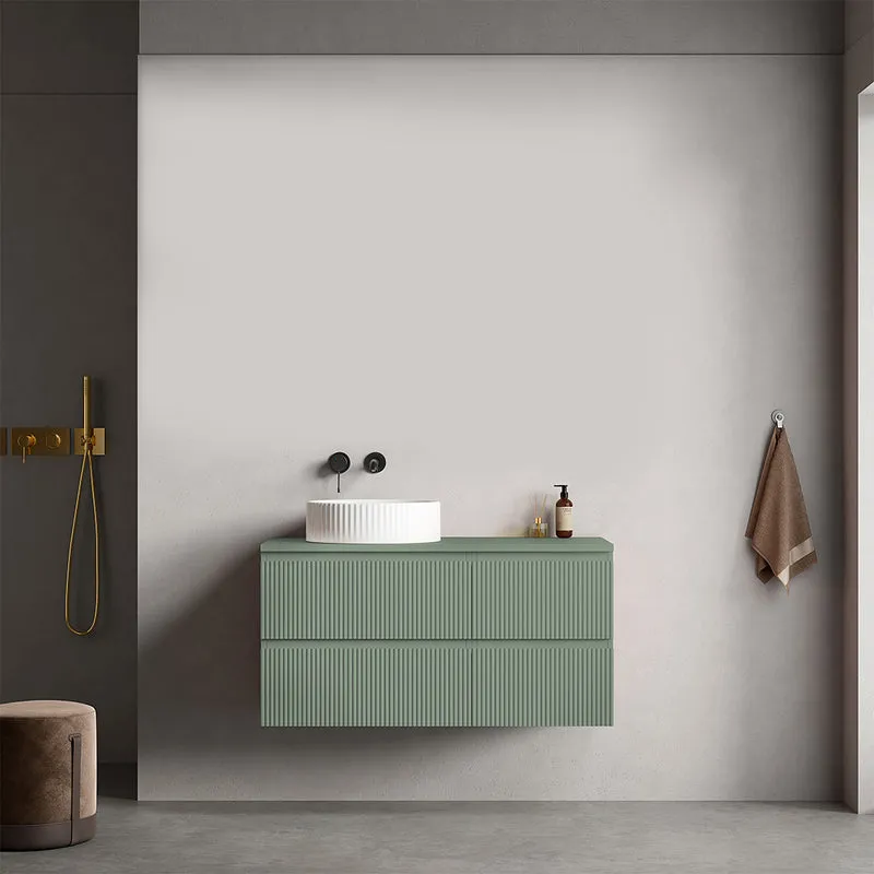 Mobile bagno sospeso cannettato reversibile 100 cm Verde Salvia per Lavabo d'appoggio Senza Specchio - Fiji Paint Top Canneté