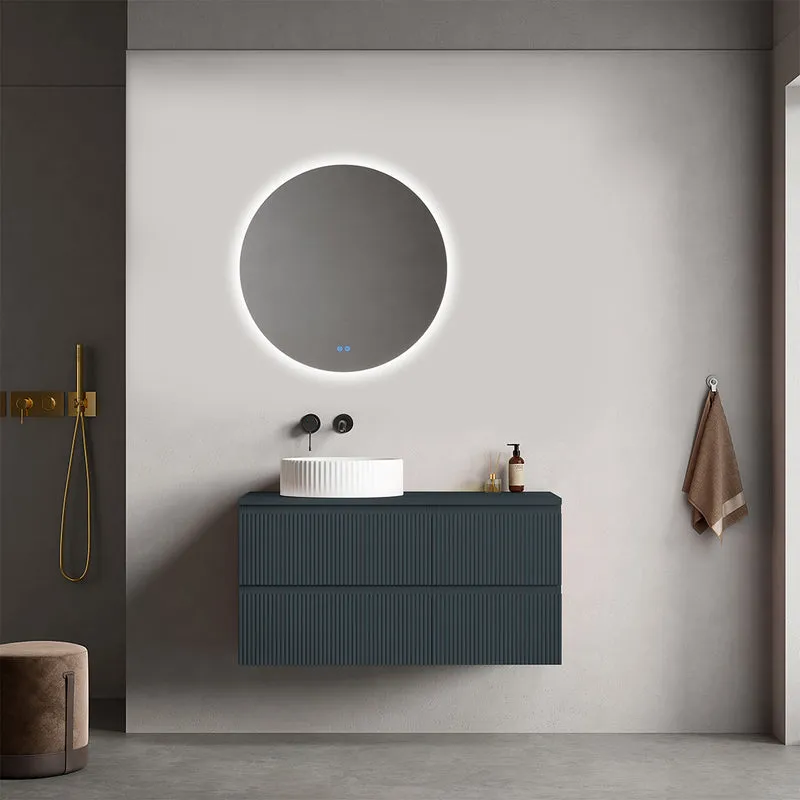 Mobile bagno sospeso cannettato reversibile 100 cm Blu Mare per Lavabo d'appoggio Specchio Tondo Retroilluminato - Fiji Paint Top Canneté
