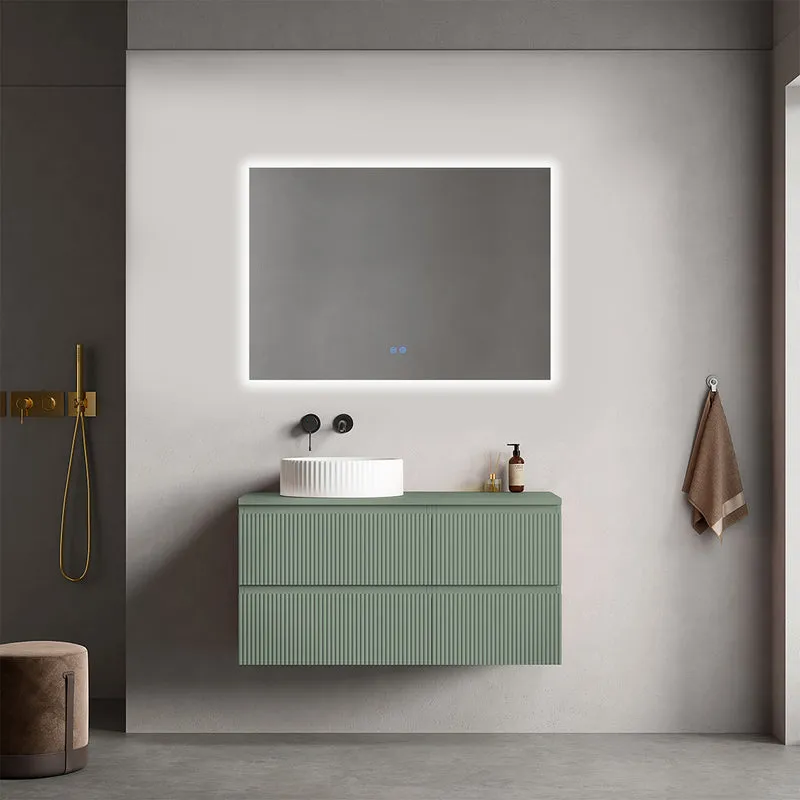 Mobile bagno sospeso cannettato reversibile 100 cm Verde Salvia per Lavabo d'appoggio Specchio Quadro Retroilluminato - Fiji Paint Top Canneté