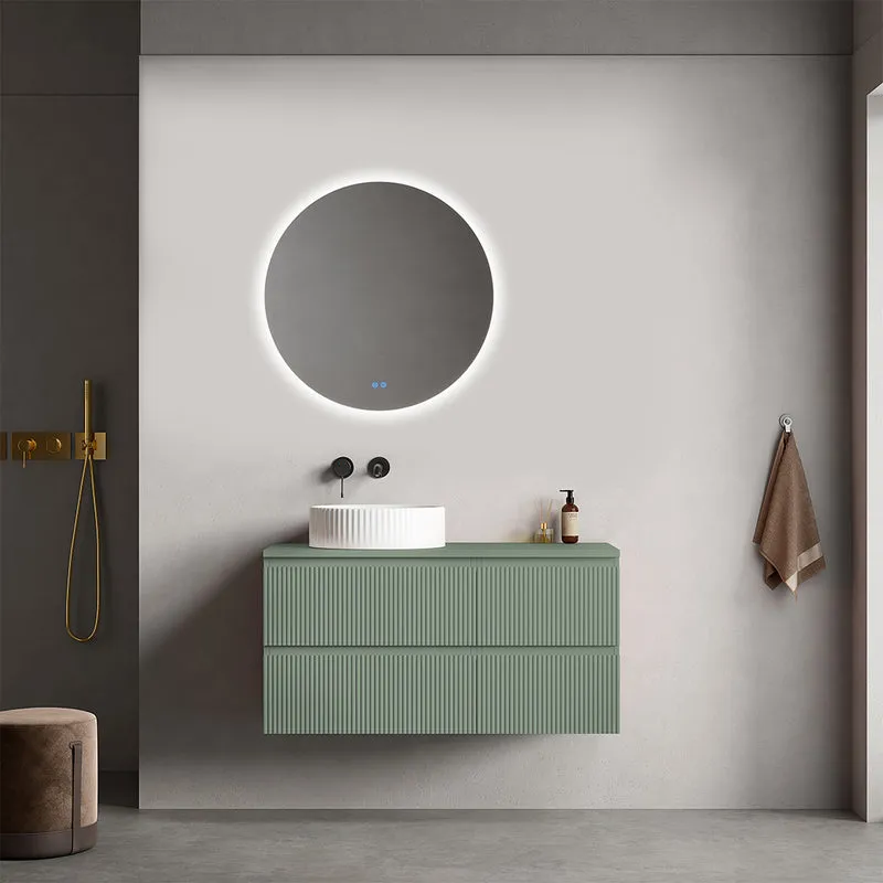 Mobile bagno sospeso cannettato reversibile 100 cm Verde Salvia per Lavabo d'appoggio Specchio Tondo Retroilluminato - Fiji Paint Top Canneté