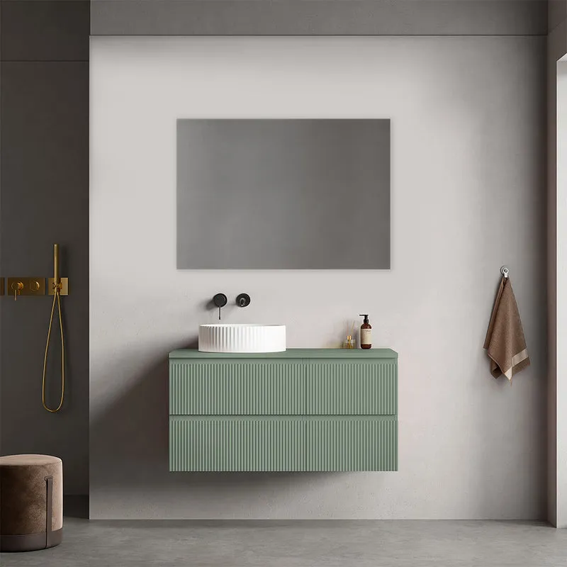 Mobile bagno sospeso cannettato reversibile 100 cm Verde Salvia per Lavabo d'appoggio Specchio Quadro - Fiji Paint Top Canneté
