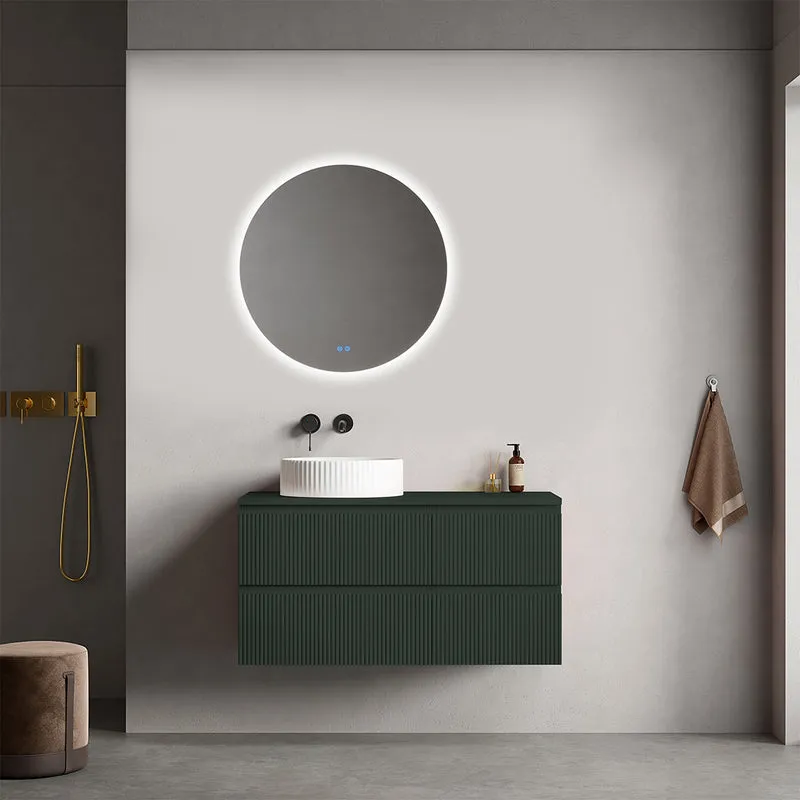 Mobile bagno sospeso cannettato reversibile 100 cm Verde Comodoro per Lavabo d'appoggio Specchio Tondo Retroilluminato - Fiji Paint Top Canneté
