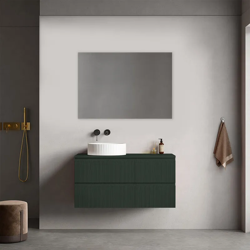 Mobile bagno sospeso cannettato reversibile 100 cm Verde Comodoro per Lavabo d'appoggio Specchio Quadro - Fiji Paint Top Canneté
