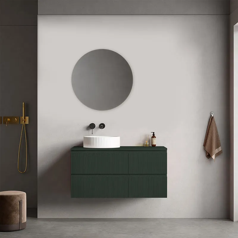 Mobile bagno sospeso cannettato reversibile 100 cm Verde Comodoro per Lavabo d'appoggio Specchio Tondo - Fiji Paint Top Canneté
