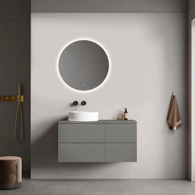Mobile bagno sospeso cannettato reversibile 100 cm Grigio Londra per Lavabo d'appoggio Specchio Tondo Retroilluminato - Fiji Paint Top Canneté
