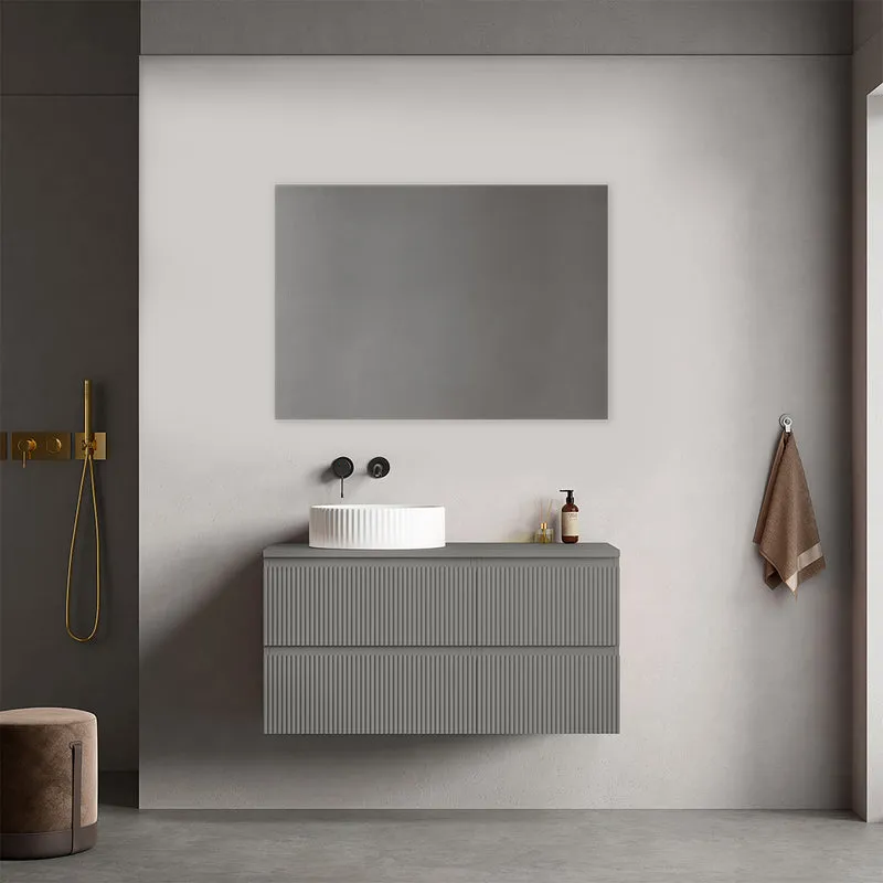Mobile bagno sospeso cannettato reversibile 100 cm Grigio Londra per Lavabo d'appoggio Specchio Quadro - Fiji Paint Top Canneté