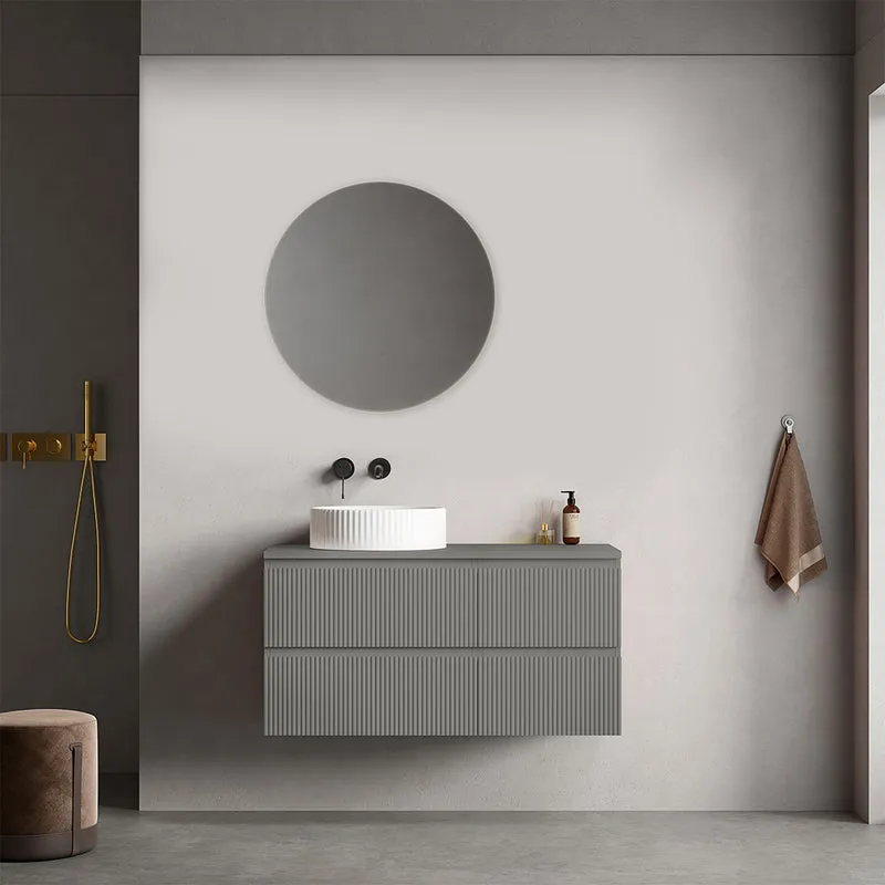 Mobile bagno sospeso cannettato reversibile 100 cm Grigio Londra per Lavabo d'appoggio Specchio Tondo - Fiji Paint Top Canneté
