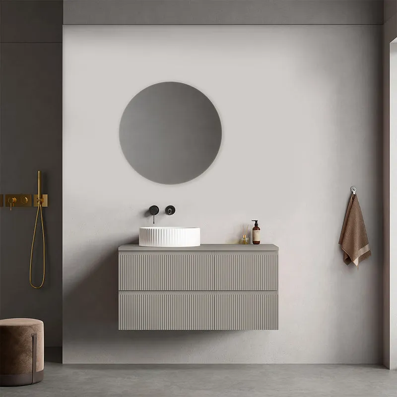 Mobile bagno sospeso cannettato reversibile 100 cm Grigio Cenere per Lavabo d'appoggio Specchio Tondo - Fiji Paint Top Canneté