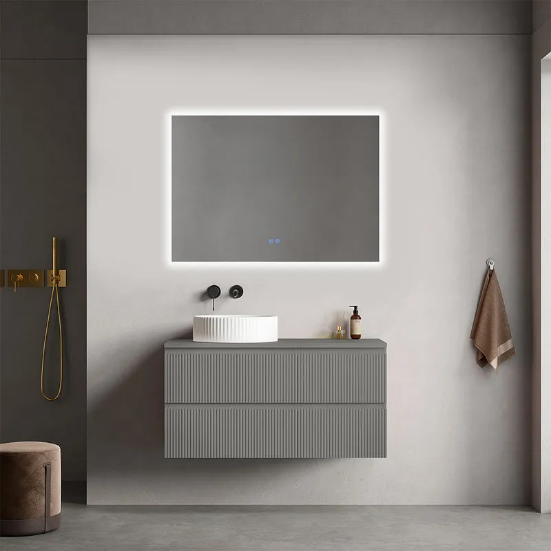 Mobile bagno sospeso cannettato reversibile 100 cm Grigio Londra per Lavabo d'appoggio Specchio Quadro Retroilluminato - Fiji Paint Top Canneté