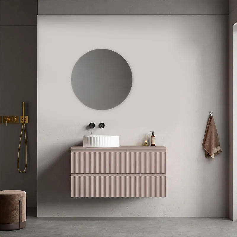 Mobile bagno sospeso cannettato reversibile 100 cm Rosa Retrò per Lavabo d'appoggio Specchio Tondo - Fiji Paint Top Canneté
