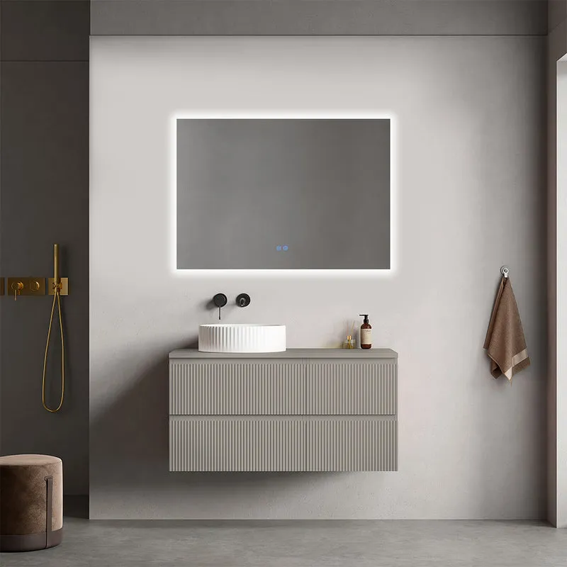 Mobile bagno sospeso cannettato reversibile 100 cm Grigio Cenere per Lavabo d'appoggio Specchio Quadro Retroilluminato - Fiji Paint Top Canneté