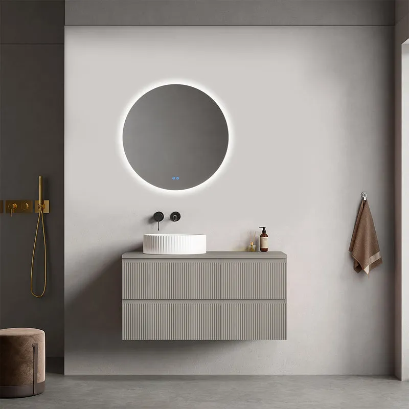 Mobile bagno sospeso cannettato reversibile 100 cm Grigio Cenere per Lavabo d'appoggio Specchio Tondo Retroilluminato - Fiji Paint Top Canneté