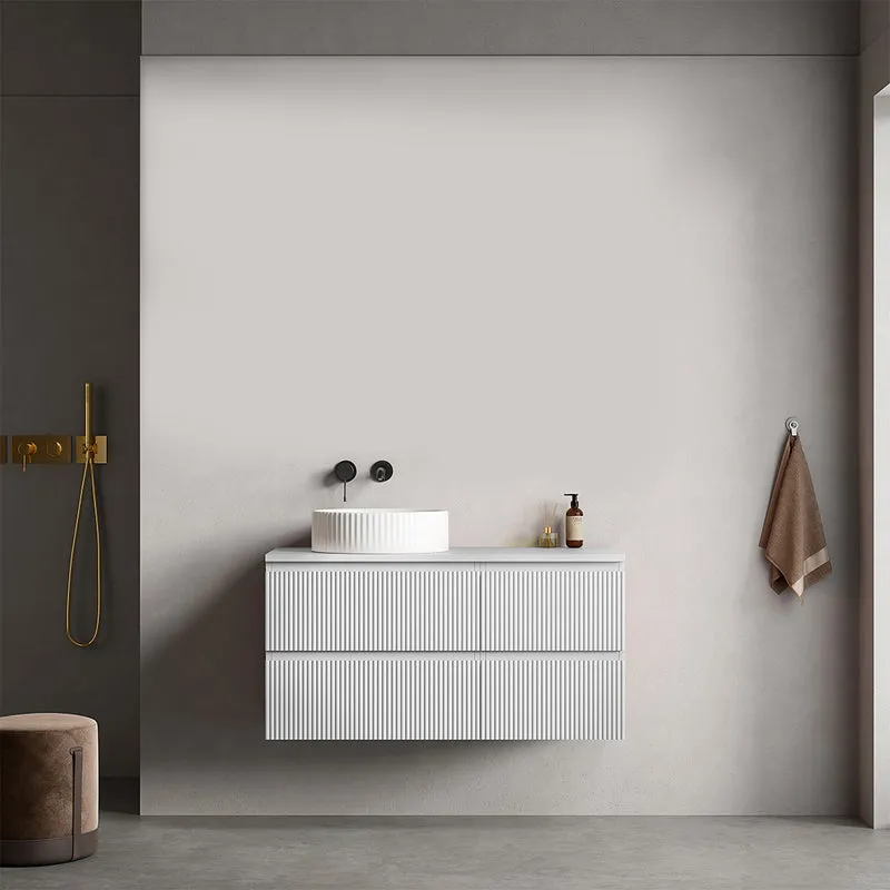 Mobile bagno sospeso cannettato reversibile 100 cm Bianco Opaco per Lavabo d'appoggio Senza Specchio - Fiji Paint Top Canneté