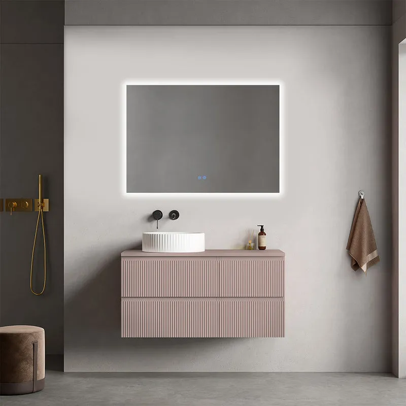 Mobile bagno sospeso cannettato reversibile 100 cm Rosa Retrò per Lavabo d'appoggio Specchio Quadro Retroilluminato - Fiji Paint Top Canneté