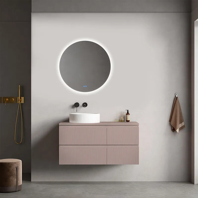 Mobile bagno sospeso cannettato reversibile 100 cm Rosa Retrò per Lavabo d'appoggio Specchio Tondo Retroilluminato - Fiji Paint Top Canneté