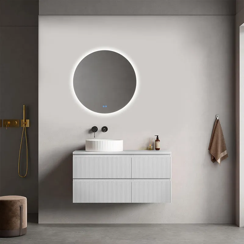 Mobile bagno sospeso cannettato reversibile 100 cm Bianco Opaco per Lavabo d'appoggio Specchio Tondo Retroilluminato - Fiji Paint Top Canneté