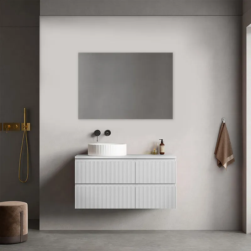 Mobile bagno sospeso cannettato reversibile 100 cm Bianco Opaco per Lavabo d'appoggio Specchio Quadro - Fiji Paint Top Canneté