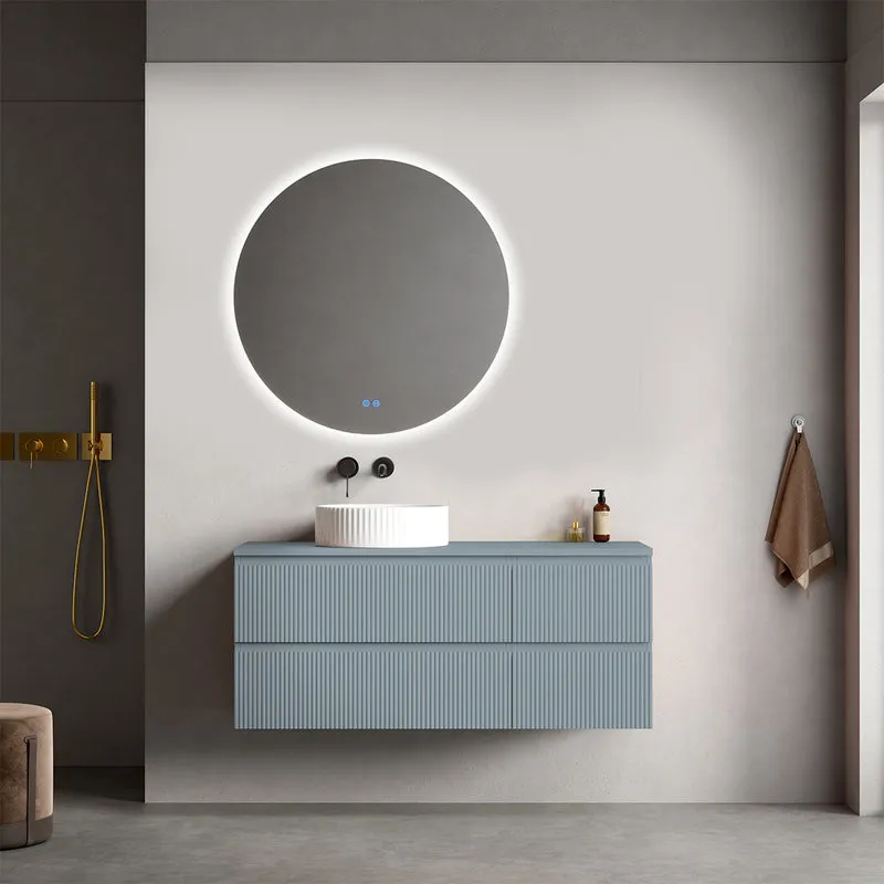 Mobile bagno sospeso cannettato reversibile 120 cm Blu Avio per Lavabo d'appoggio Specchio Tondo Retroilluminato - Fiji Paint Top Canneté