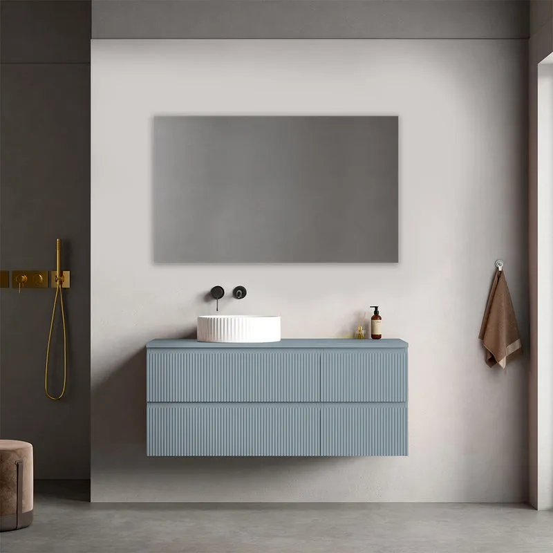 Mobile bagno sospeso cannettato reversibile 120 cm Blu Avio per Lavabo d'appoggio Specchio Quadro - Fiji Paint Top Canneté