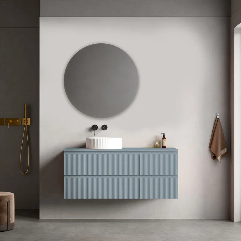 Mobile bagno sospeso cannettato reversibile 120 cm Blu Avio per Lavabo d'appoggio Specchio Tondo - Fiji Paint Top Canneté