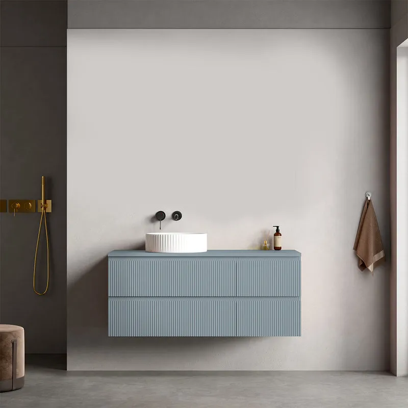 Mobile bagno sospeso cannettato reversibile 120 cm Blu Avio per Lavabo d'appoggio Senza Specchio - Fiji Paint Top Canneté