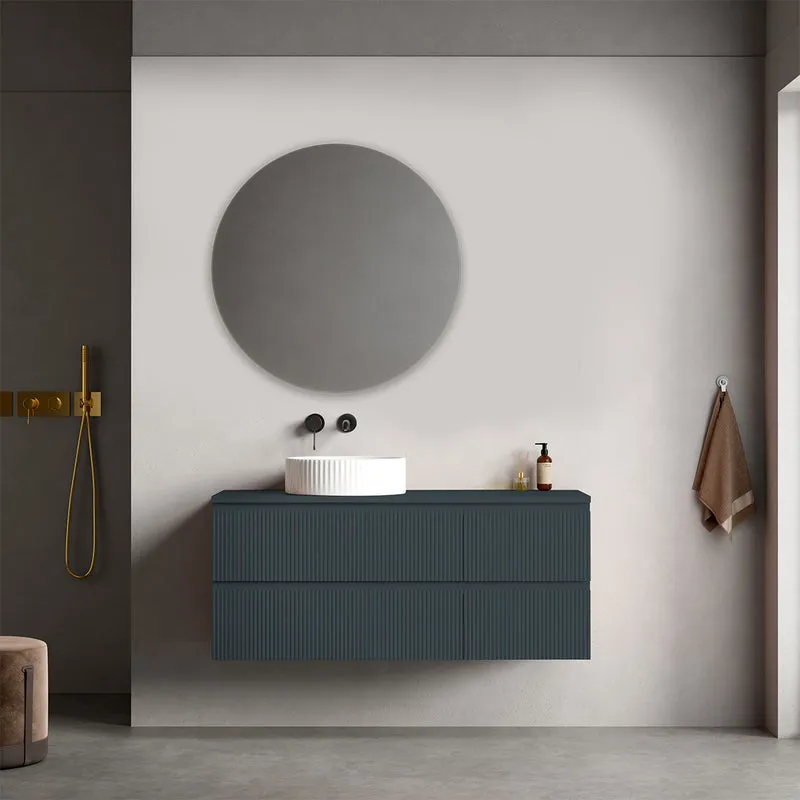 Mobile bagno sospeso cannettato reversibile 120 cm Blu Mare per Lavabo d'appoggio Specchio Tondo - Fiji Paint Top Canneté