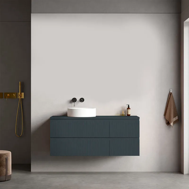 Mobile bagno sospeso cannettato reversibile 120 cm Blu Mare per Lavabo d'appoggio Senza Specchio - Fiji Paint Top Canneté
