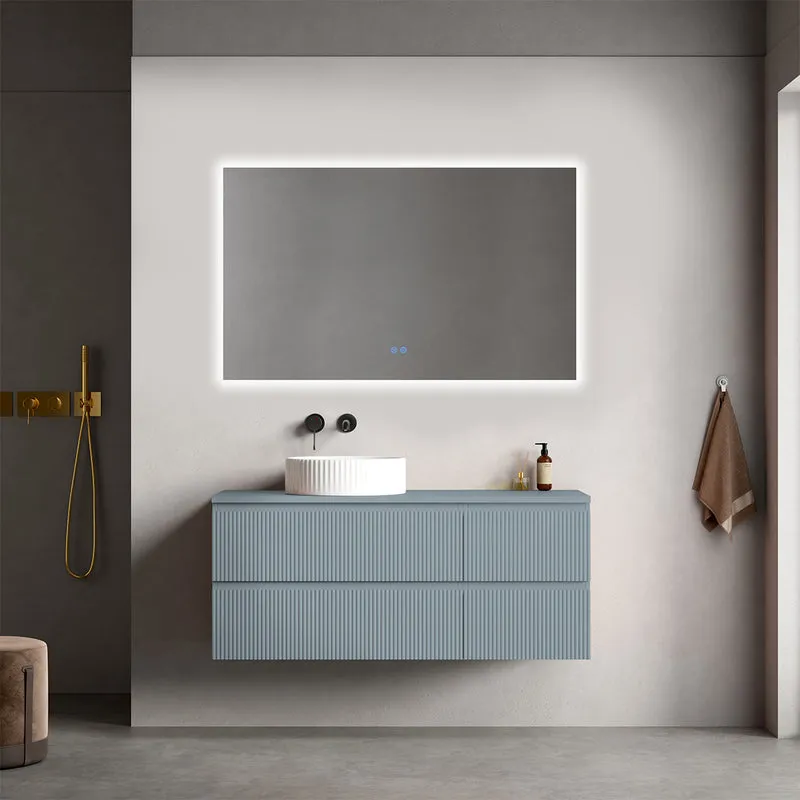 Mobile bagno sospeso cannettato reversibile 120 cm Blu Avio per Lavabo d'appoggio Specchio Quadro Retroilluminato - Fiji Paint Top Canneté