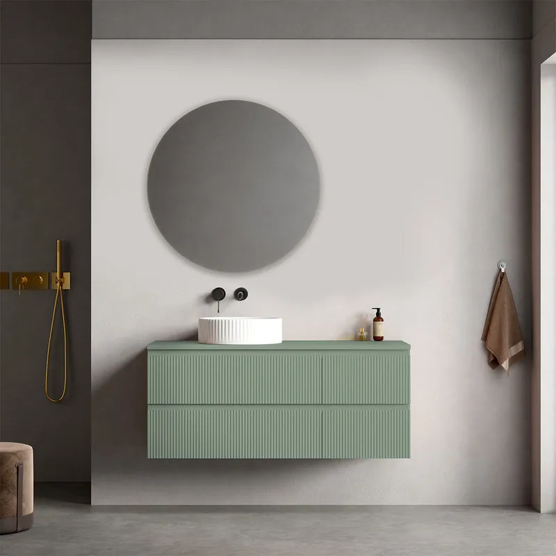 Mobile bagno sospeso cannettato reversibile 120 cm Verde Salvia per Lavabo d'appoggio Specchio Tondo - Fiji Paint Top Canneté