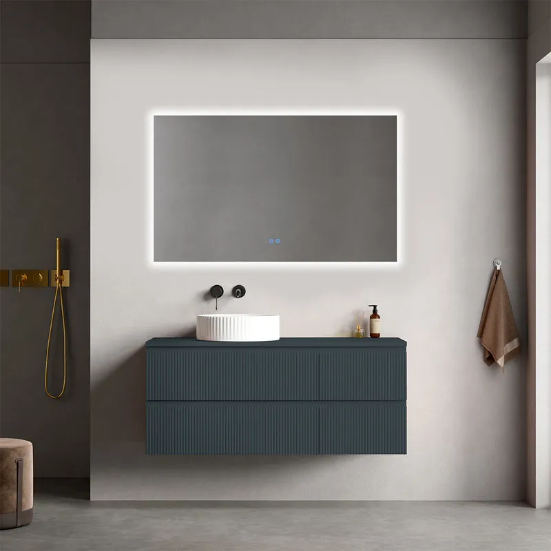 Mobile bagno sospeso cannettato reversibile 120 cm Blu Mare per Lavabo d'appoggio Specchio Quadro Retroilluminato - Fiji Paint Top Canneté