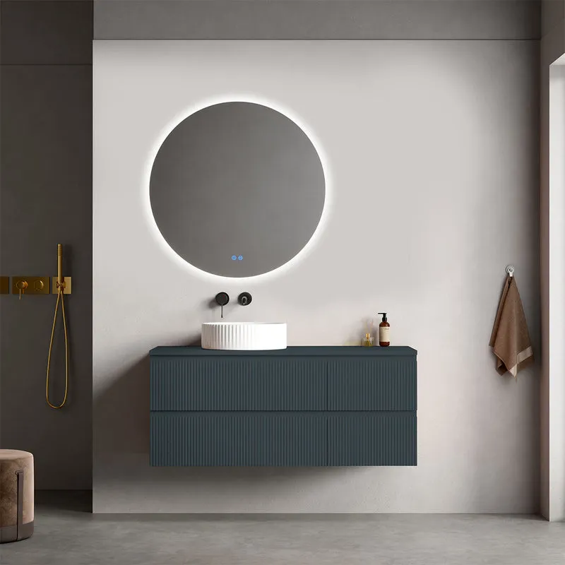 Mobile bagno sospeso cannettato reversibile 120 cm Blu Mare per Lavabo d'appoggio Specchio Tondo Retroilluminato - Fiji Paint Top Canneté
