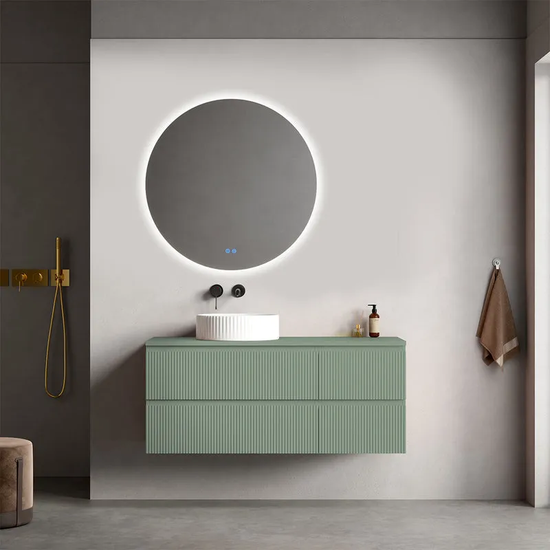 Mobile bagno sospeso cannettato reversibile 120 cm Verde Salvia per Lavabo d'appoggio Specchio Tondo Retroilluminato - Fiji Paint Top Canneté