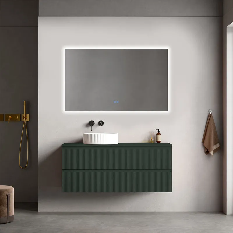 Mobile bagno sospeso cannettato reversibile 120 cm Verde Comodoro per Lavabo d'appoggio Specchio Quadro Retroilluminato - Fiji Paint Top Canneté