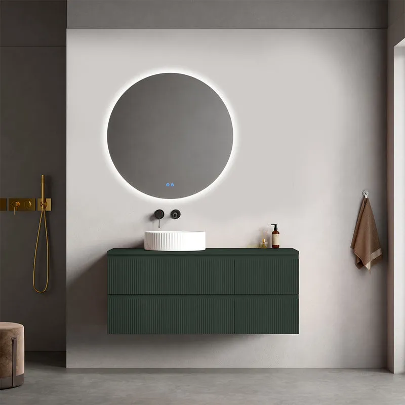 Mobile bagno sospeso cannettato reversibile 120 cm Verde Comodoro per Lavabo d'appoggio Specchio Tondo Retroilluminato - Fiji Paint Top Canneté