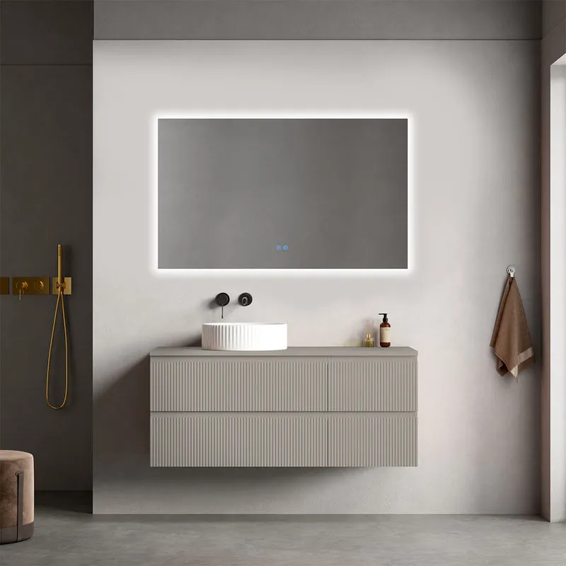 Mobile bagno sospeso cannettato reversibile 120 cm Grigio Cenere per Lavabo d'appoggio Specchio Quadro Retroilluminato - Fiji Paint Top Canneté