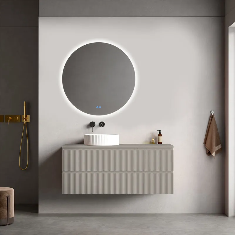 Mobile bagno sospeso cannettato reversibile 120 cm Grigio Cenere per Lavabo d'appoggio Specchio Tondo Retroilluminato - Fiji Paint Top Canneté