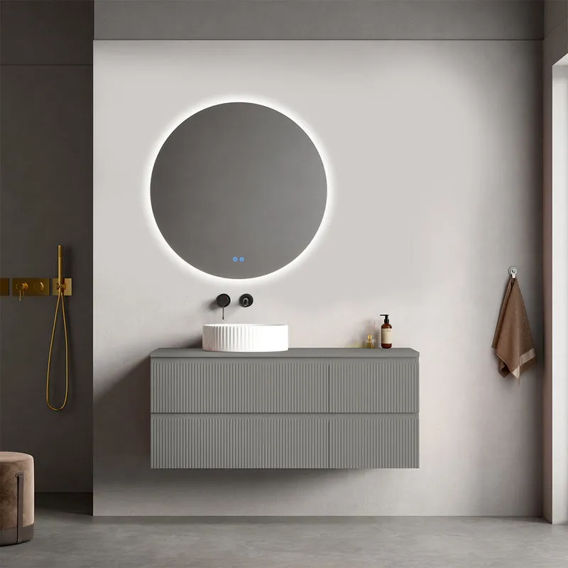 Mobile bagno sospeso cannettato reversibile 120 cm Grigio Londra per Lavabo d'appoggio Specchio Tondo Retroilluminato - Fiji Paint Top Canneté