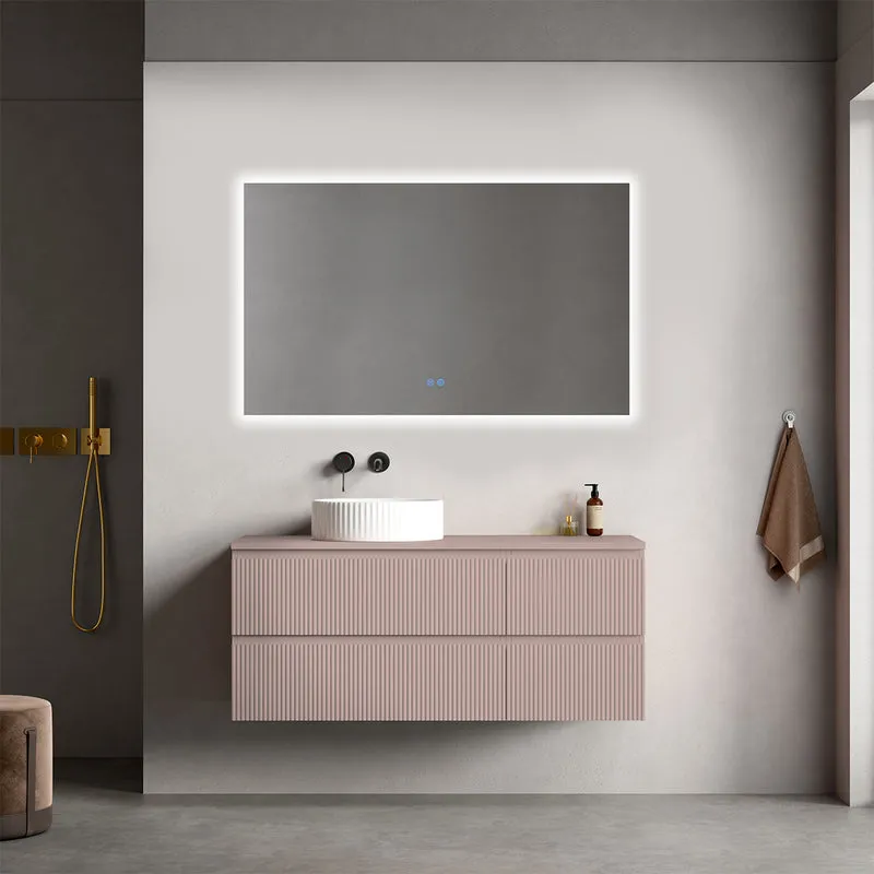 Mobile bagno sospeso cannettato reversibile 120 cm Rosa Retrò per Lavabo d'appoggio Specchio Quadro Retroilluminato - Fiji Paint Top Canneté
