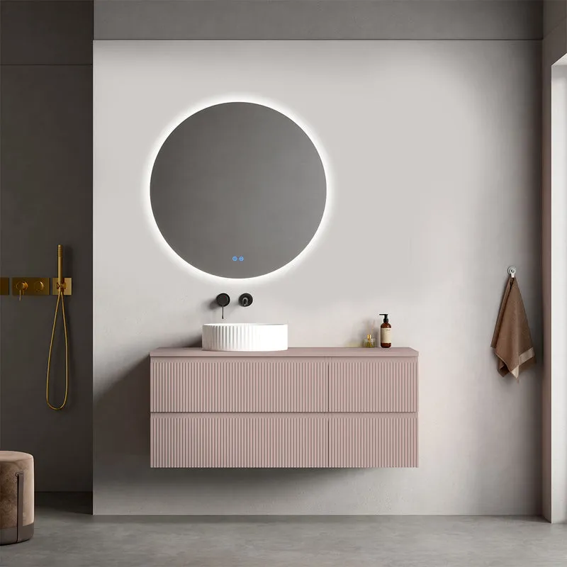 Mobile bagno sospeso cannettato reversibile 120 cm Rosa Retrò per Lavabo d'appoggio Specchio Tondo Retroilluminato - Fiji Paint Top Canneté