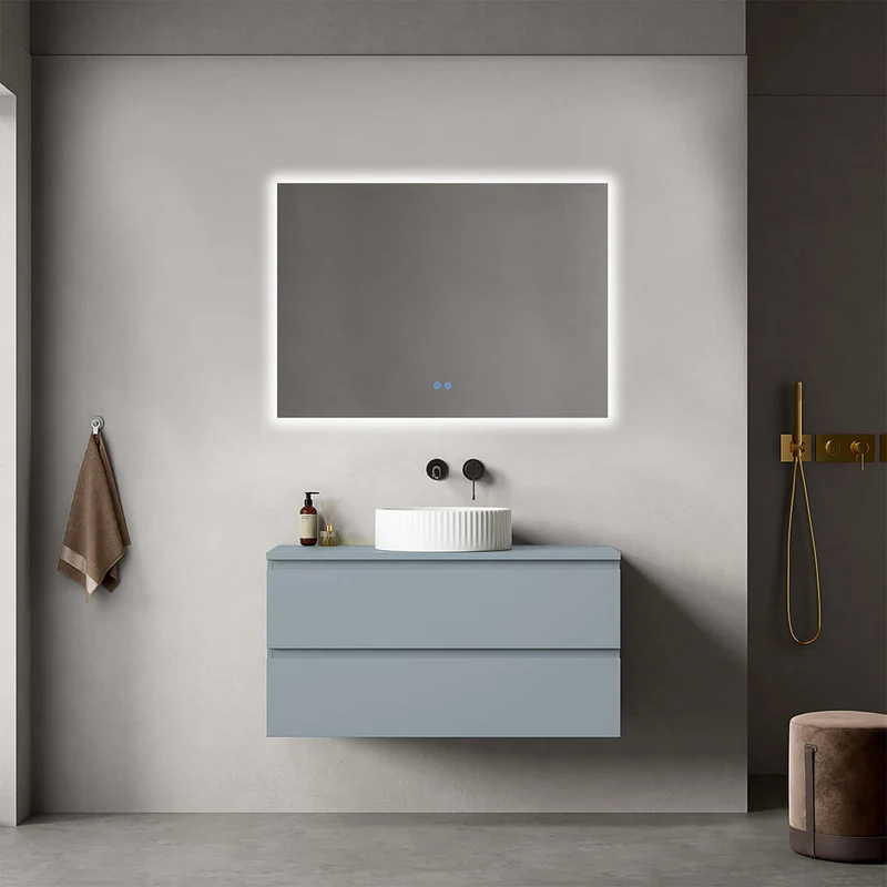 Mobile bagno sospeso 100 cm Blu Avio per Lavabo d'appoggio Specchio Quadro Retroilluminato - Fiji Paint Top
