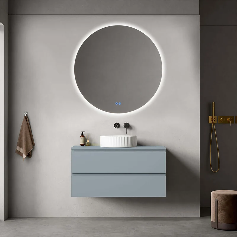 Mobile bagno sospeso 100 cm Blu Avio per Lavabo d'appoggio Specchio Tondo Retroilluminato - Fiji Paint Top