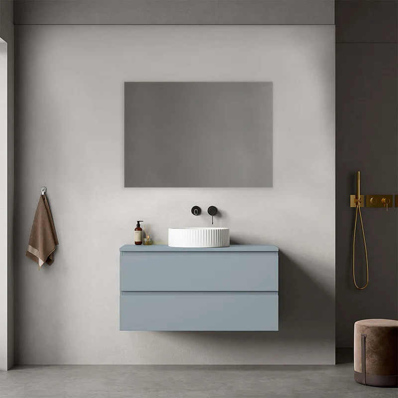 Mobile bagno sospeso 100 cm Blu Avio per Lavabo d'appoggio Specchio Quadro - Fiji Paint Top
