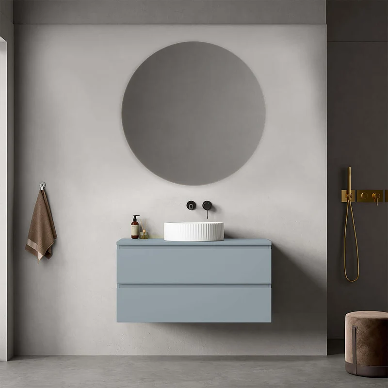Mobile bagno sospeso 100 cm Blu Avio per Lavabo d'appoggio Specchio Tondo - Fiji Paint Top
