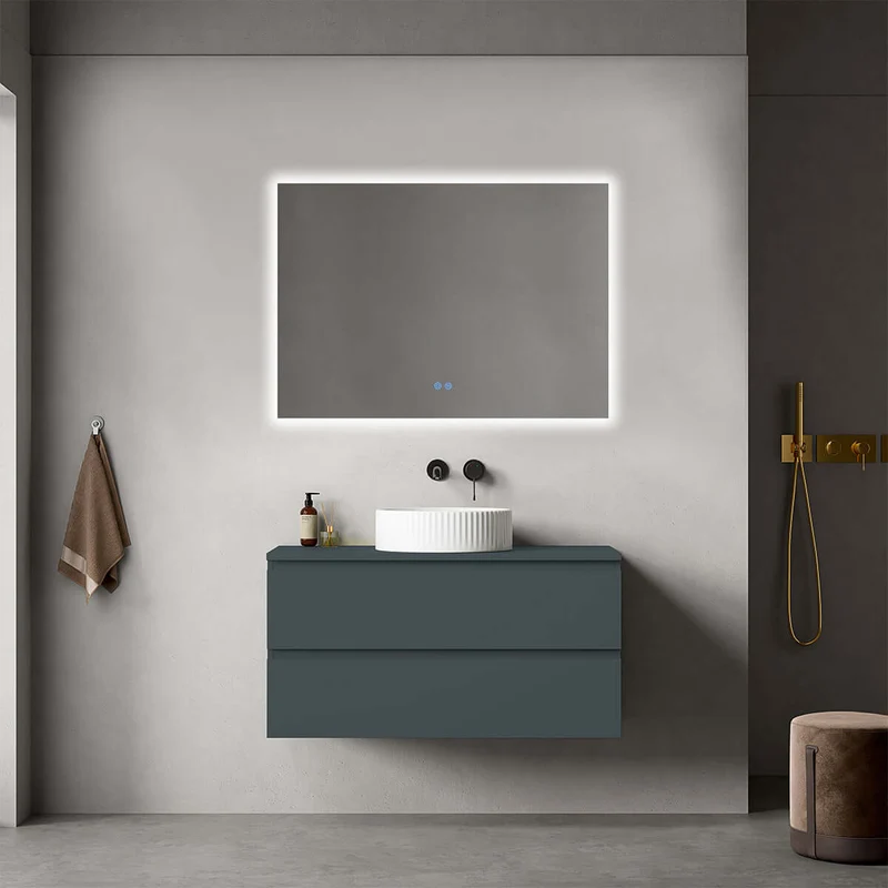 Mobile bagno sospeso 100 cm Blu Mare per Lavabo d'appoggio Specchio Quadro Retroilluminato - Fiji Paint Top