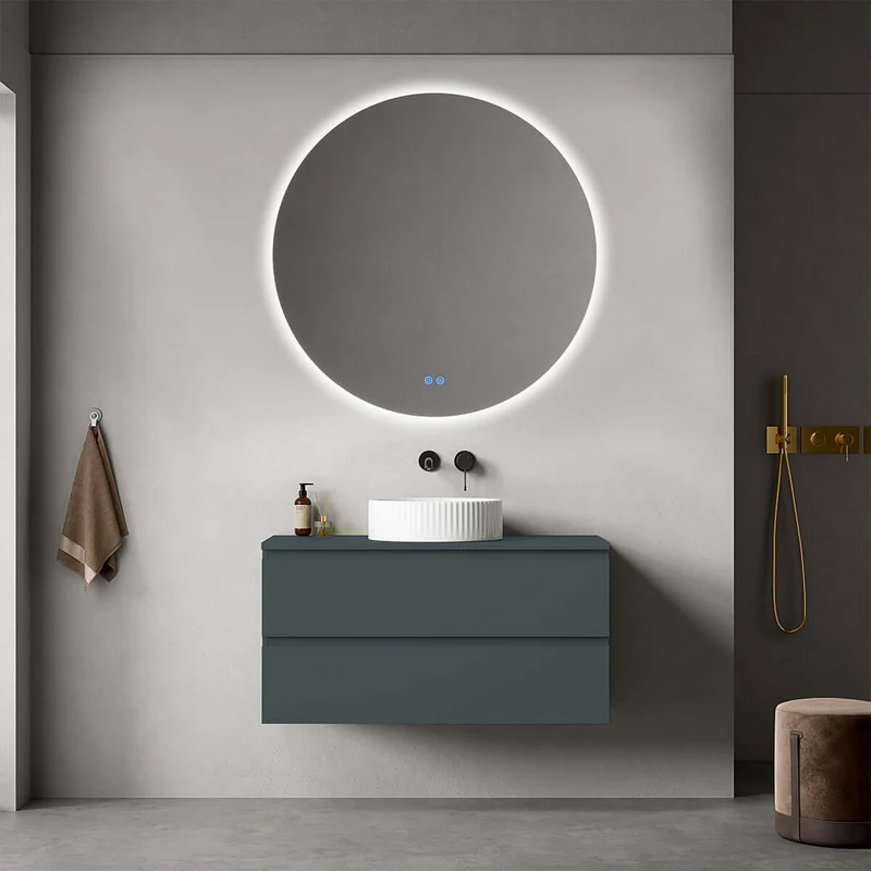 Mobile bagno sospeso 100 cm Blu Mare per Lavabo d'appoggio Specchio Tondo Retroilluminato - Fiji Paint Top