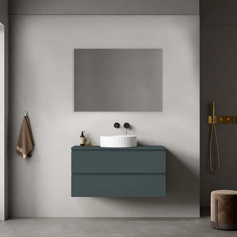 Mobile bagno sospeso 100 cm Blu Mare per Lavabo d'appoggio Specchio Quadro - Fiji Paint Top