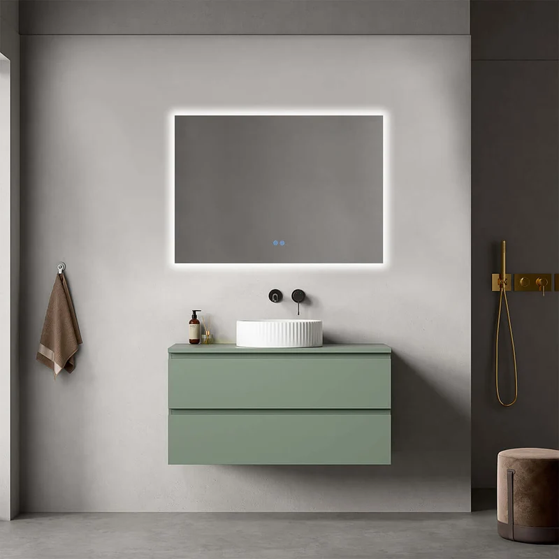 Mobile bagno sospeso 100 cm Verde Salvia per Lavabo d'appoggio Specchio Quadro Retroilluminato - Fiji Paint Top